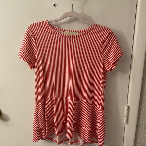 MICHAEL Michael Kors Short Sleeve Ruffle Tier Peplum Candy Stripe Top M Classic - Picture 3 of 8